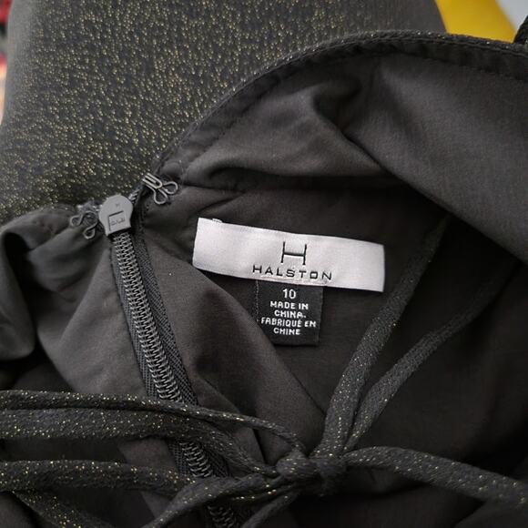 H Halston Metallic Shimmer Ruffle Flutter Sleeve Dress Black Gold Size 10 - Picture 2 of 8